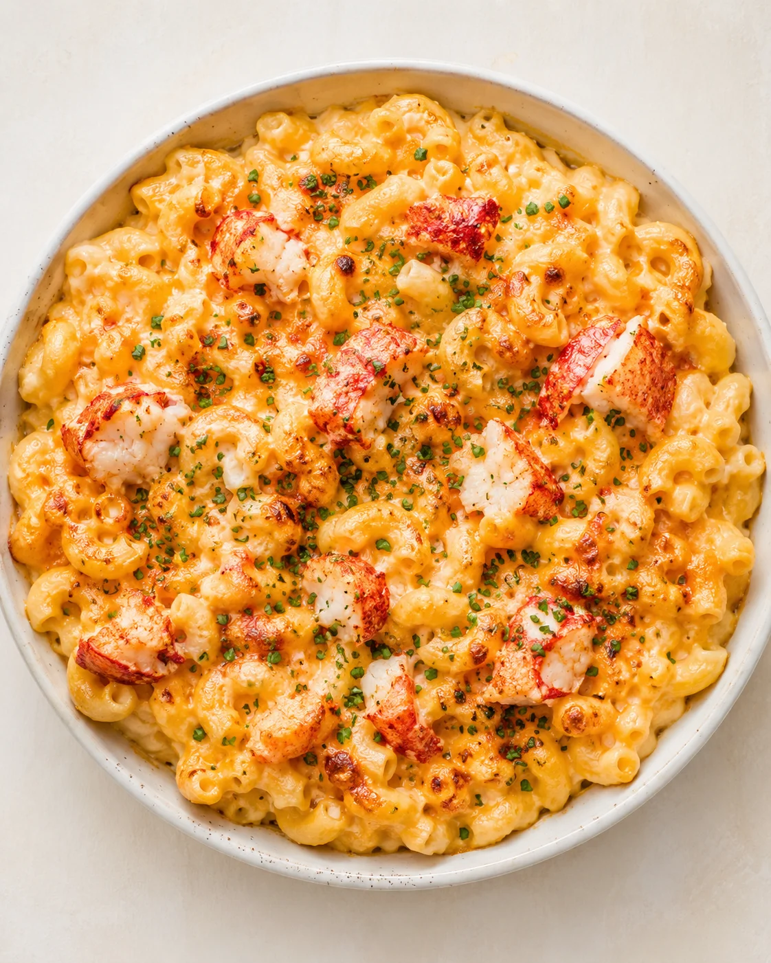 Round white dish filled with creamy macaroni and cheese topped with lobster chunks and chives.