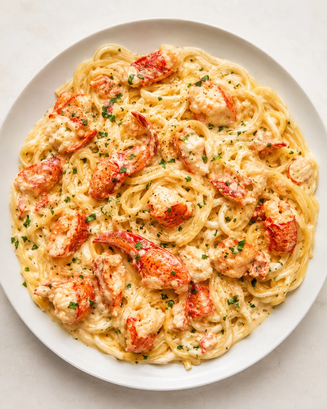 Plated creamy lobster pasta with white sauce and parsley on a white plate