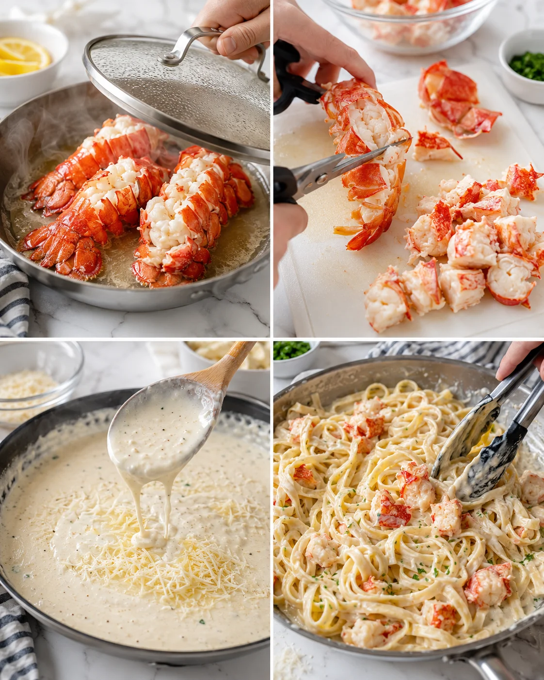 Four-panel collage of lobster being prepared and creamy pasta with lobster on a marble countertop.