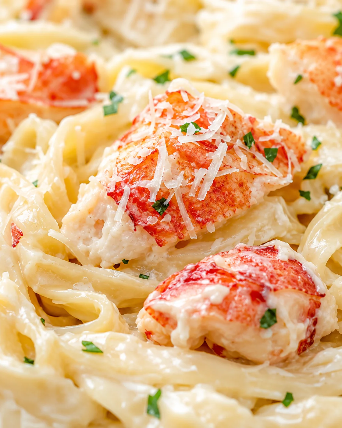 Close-up of lobster tails on creamy pasta with grated cheese and parsley