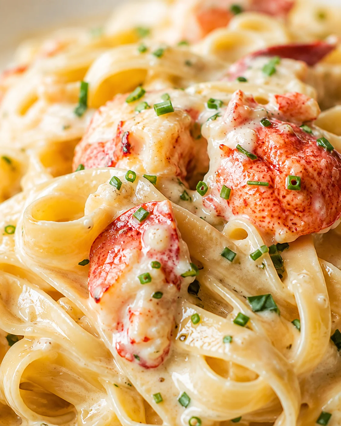 Creamy lobster pasta with wide noodles, lobster chunks, and chopped chives.