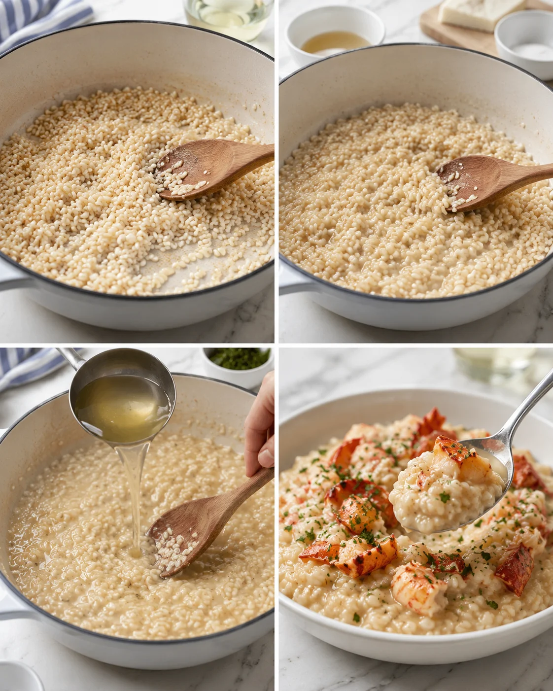 Four-panel collage showing risotto in a white pot, stirring, stock being added, and final lobster risotto served.