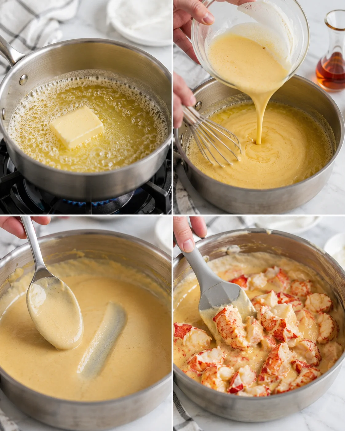 collage of four images showing butter melting, pouring sauce, spooning thick cream, and lobster being added