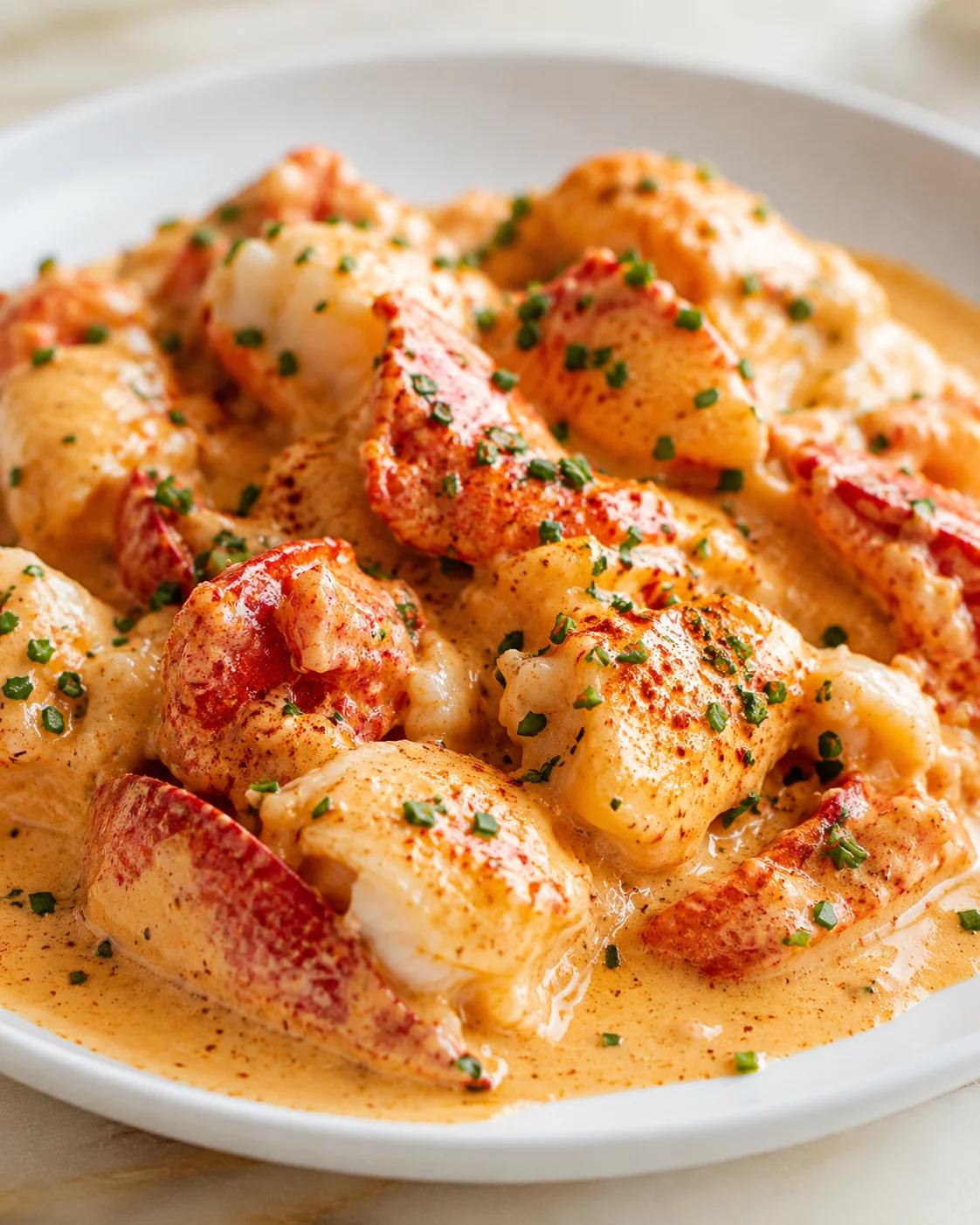 lobster pieces in creamy orange sauce, garnished with chopped chives, on a white plate.
