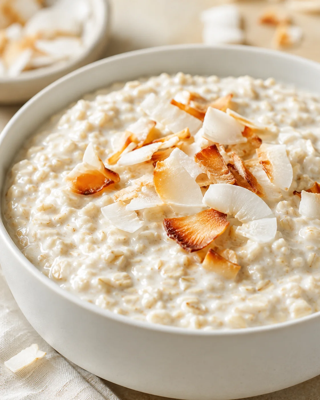 Creamy oatmeal topped with toasted coconut flakes in a white bowl.