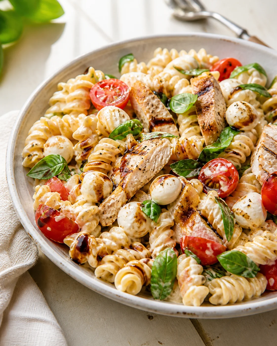 Creamy pasta with grilled chicken, mozzarella pearls, cherry tomatoes, and fresh basil in a light bowl.