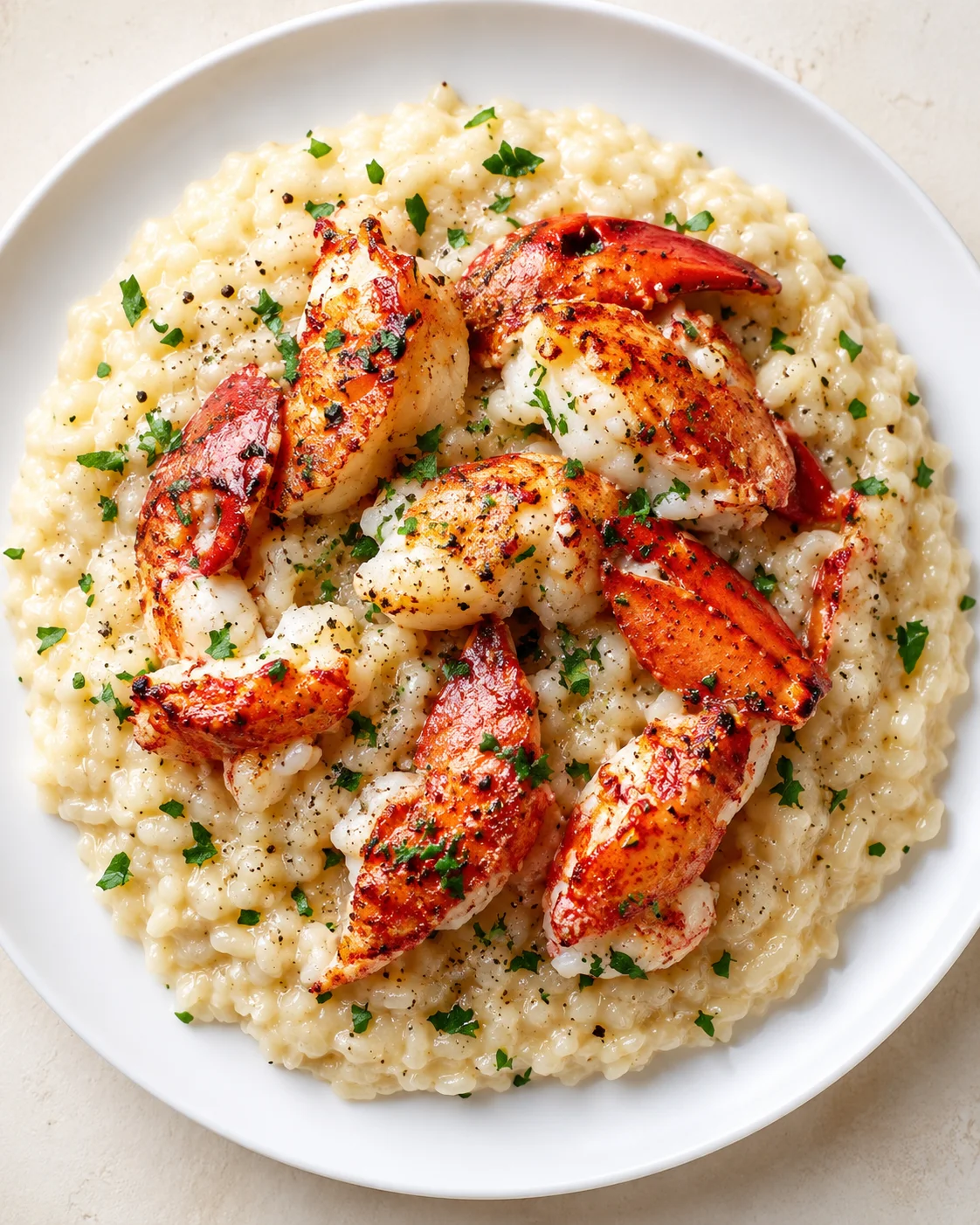Creamy risotto topped with lobster pieces on a white plate, garnished with parsley