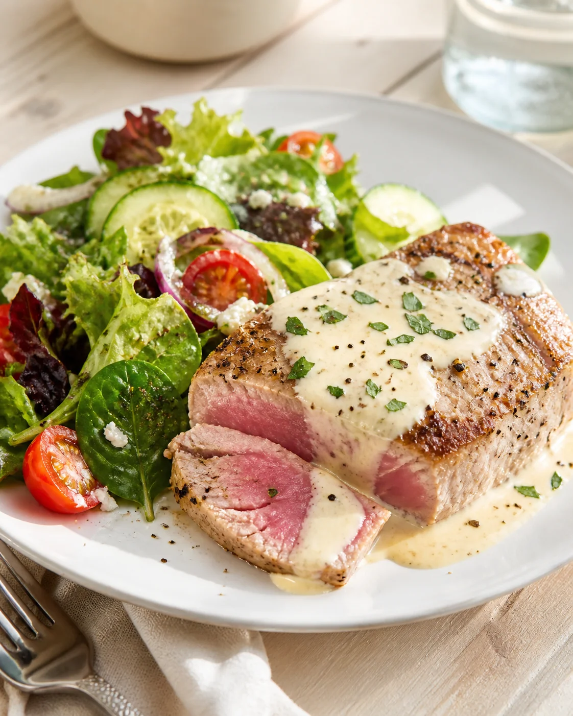 Plate with thick, pink-centered steak crowned with creamy sauce and a fresh mixed greens salad.