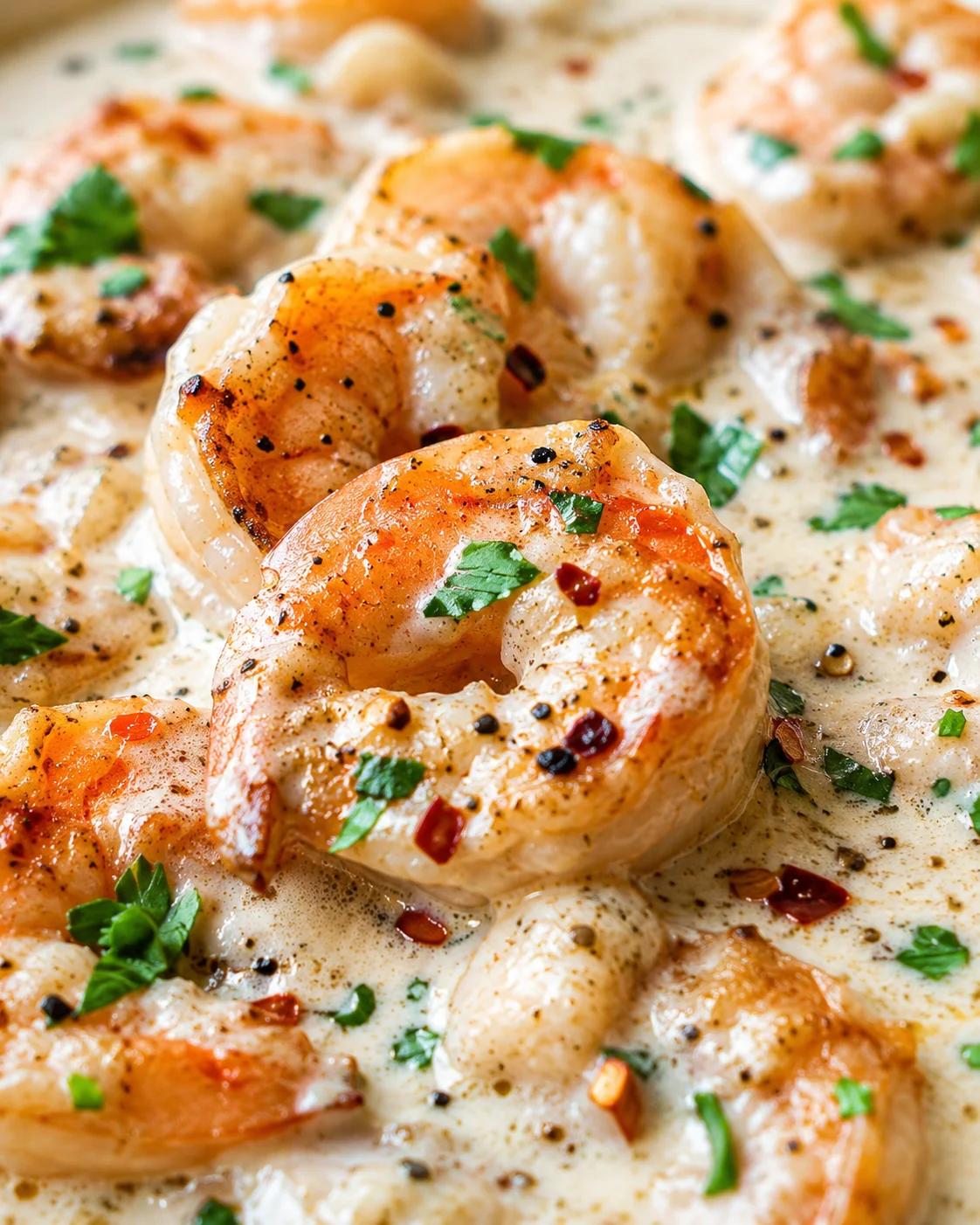 close-up of plump shrimp in creamy garlic sauce, sprinkled with parsley and red pepper flakes