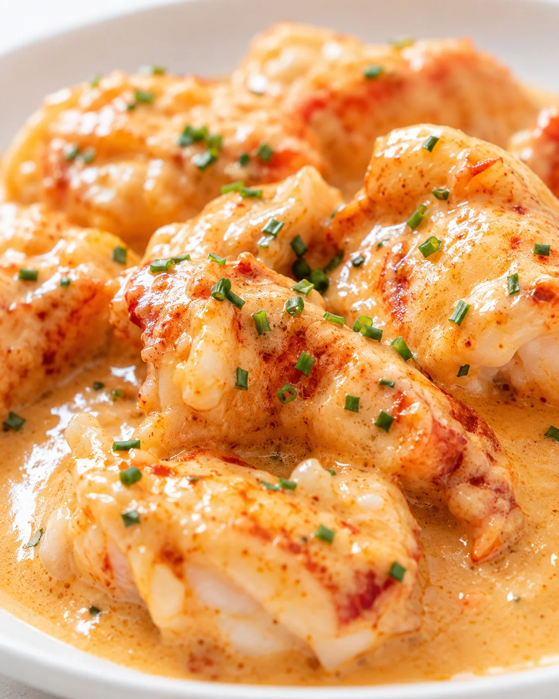 shrimp in a creamy orange sauce, topped with chopped chives on a white dish