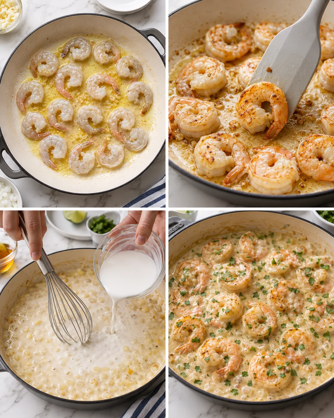 four-panel collage showing shrimp cooking in butter and cream, finished creamy shrimp skillet