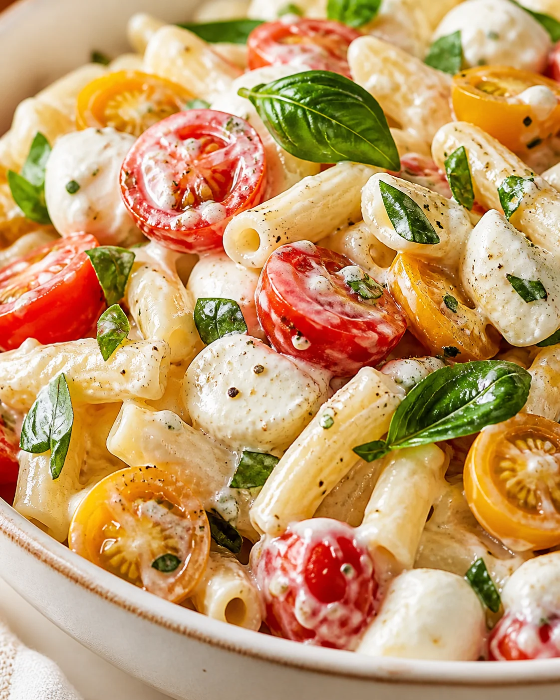 Creamy pasta with tomatoes, mozzarella, and basil in a white bowl