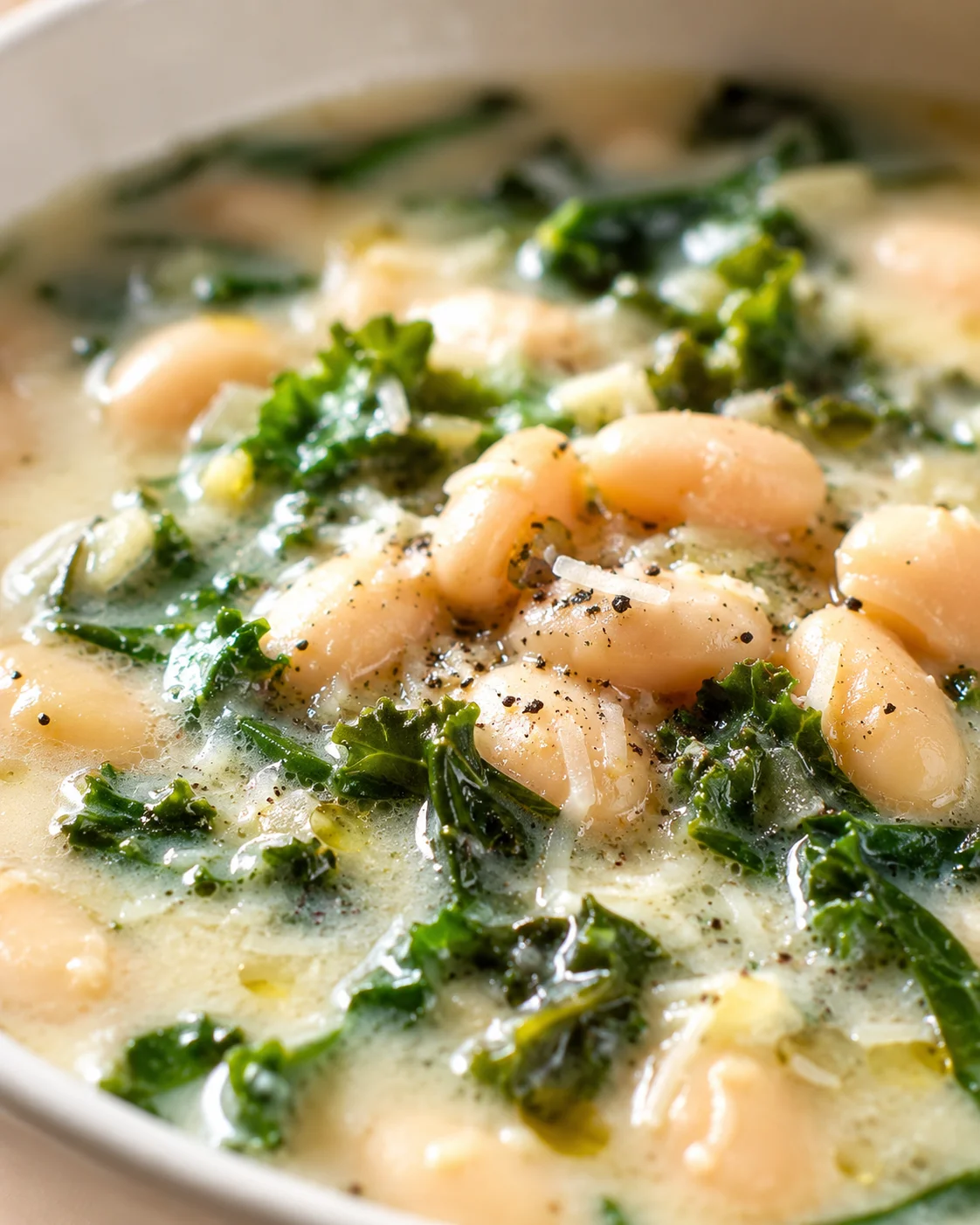 Close-up of a creamy white bean and kale soup in a pot with parmesan shavings.
