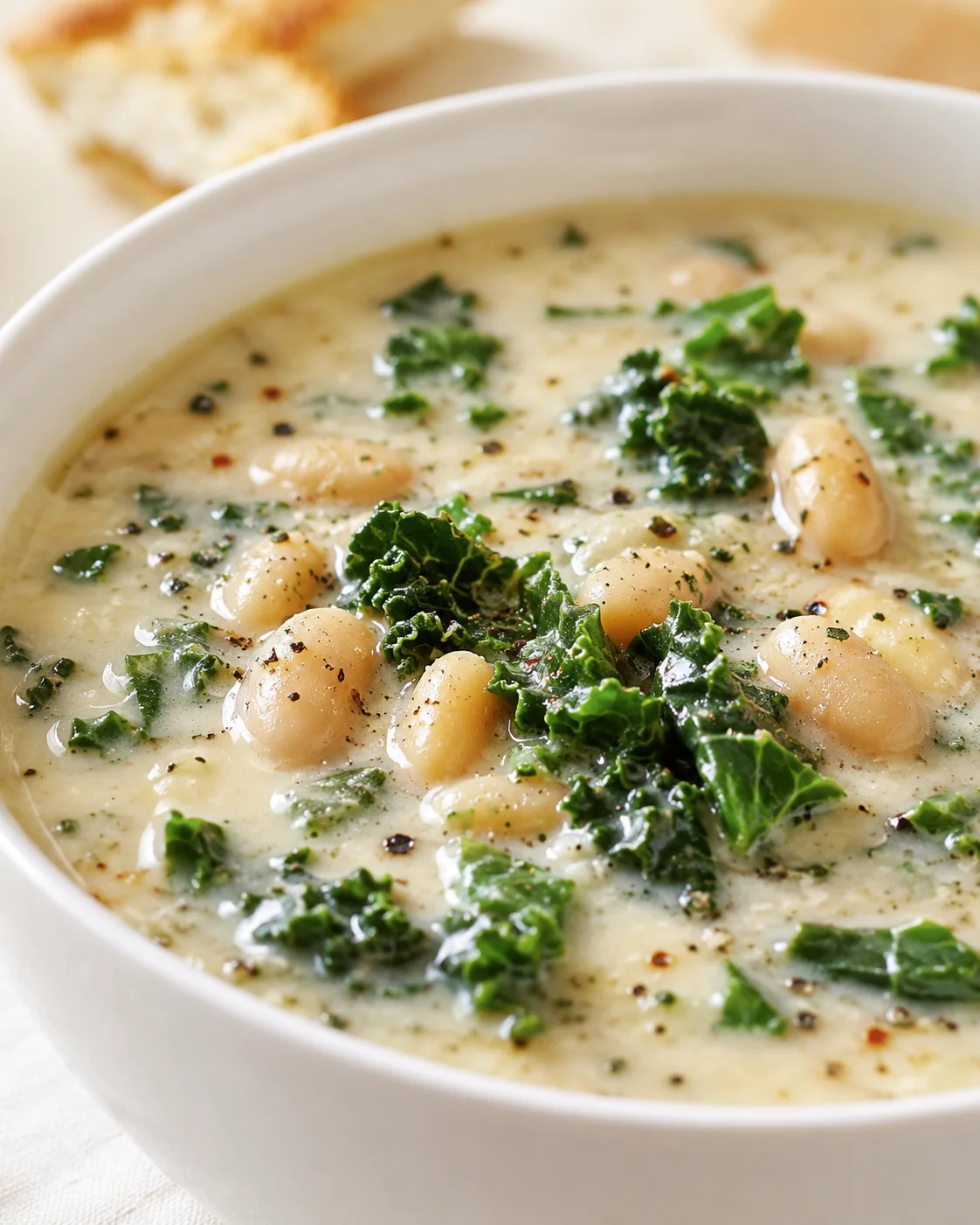 Creamy white bean soup with kale in a white bowl, crusty bread visible in the background