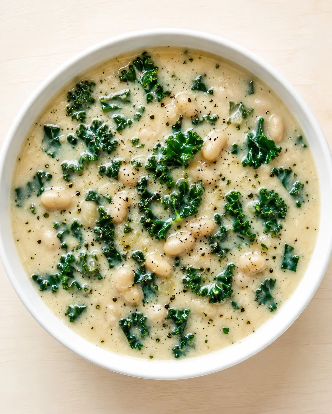 Creamy white bean and kale soup in a white bowl.