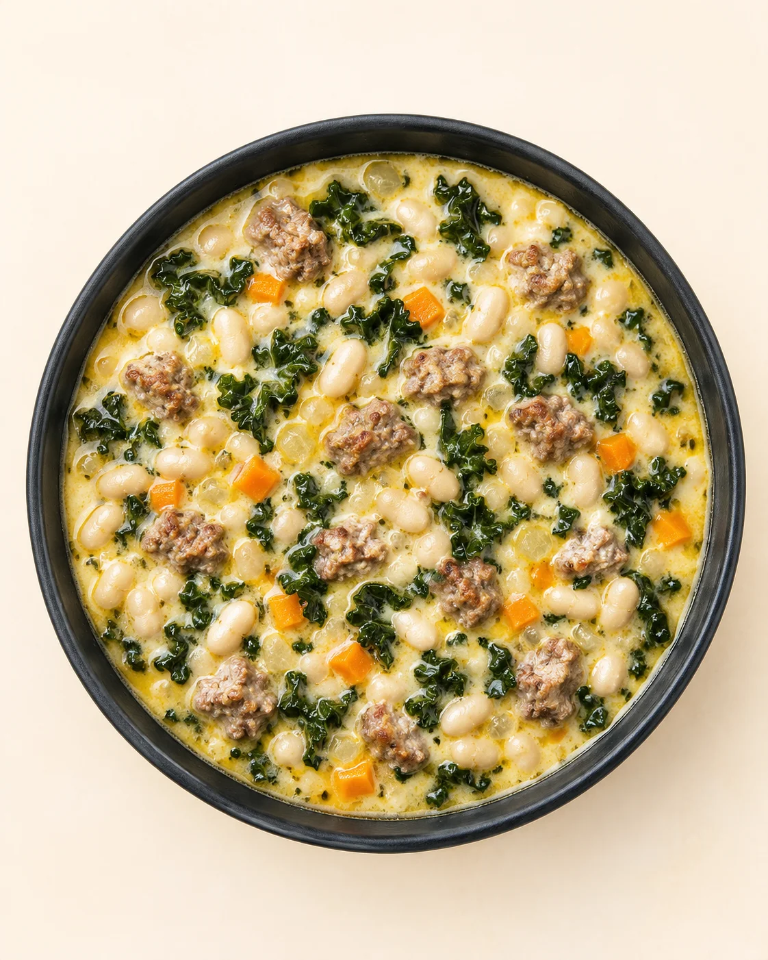 Round black skillet with creamy white-bean kale stew, featuring meat chunks, carrots, and greens.