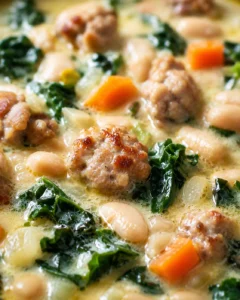 close-up of creamy stew featuring white beans, sausage, kale, and carrot pieces.