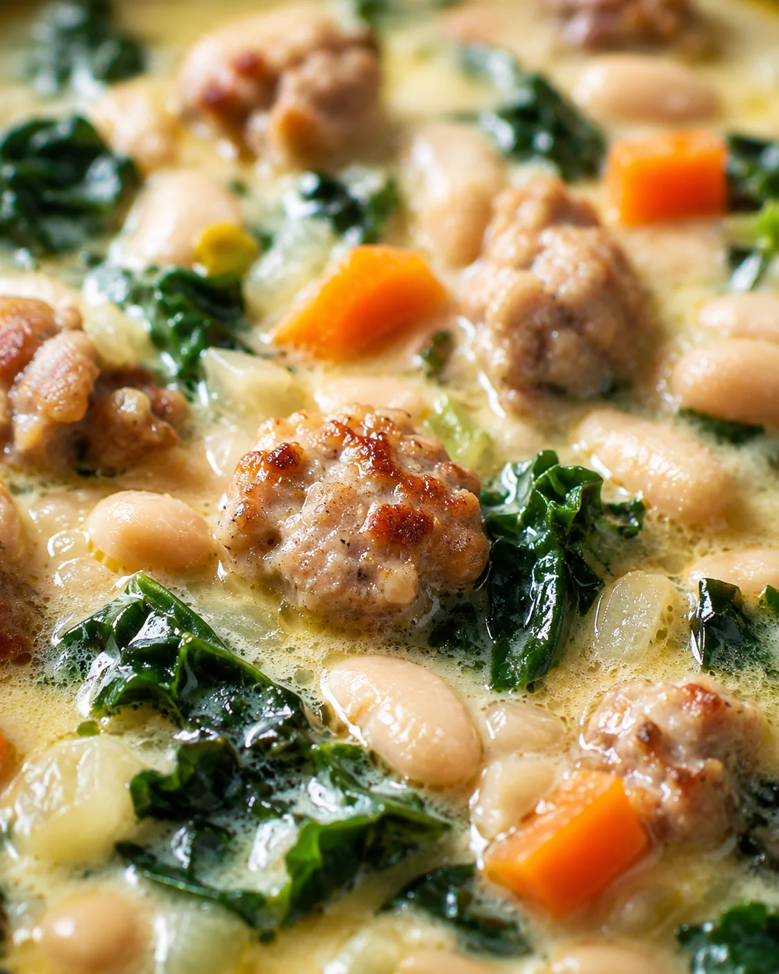 close-up of creamy stew featuring white beans, sausage, kale, and carrot pieces.