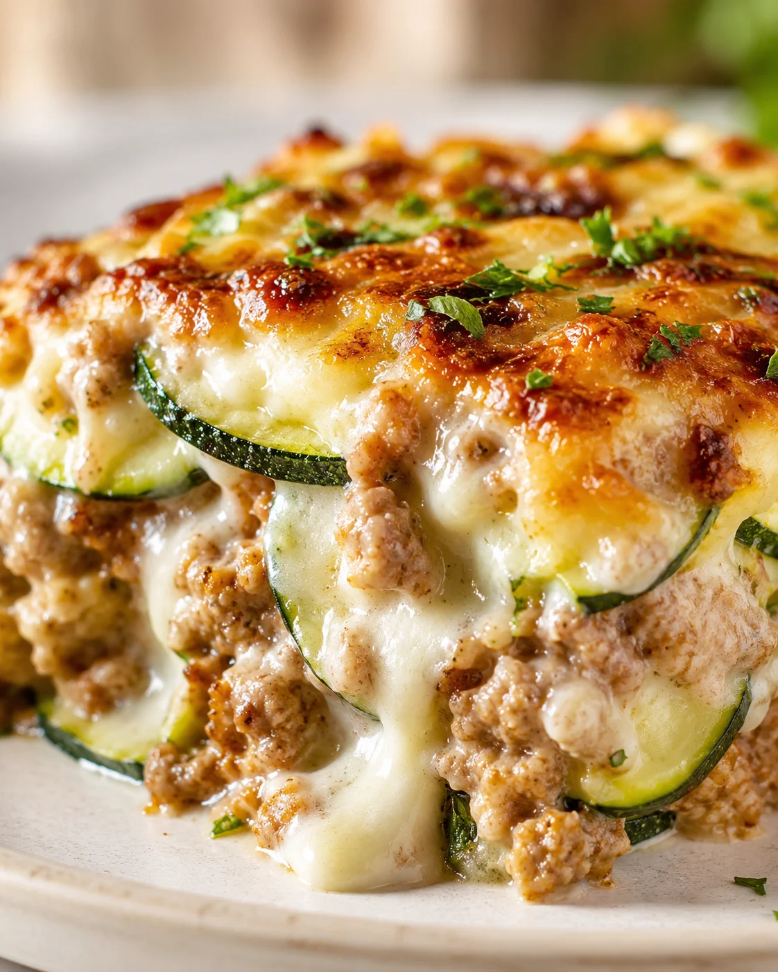 Close-up view of a zucchini lasagna with melted cheese and a golden-brown top.