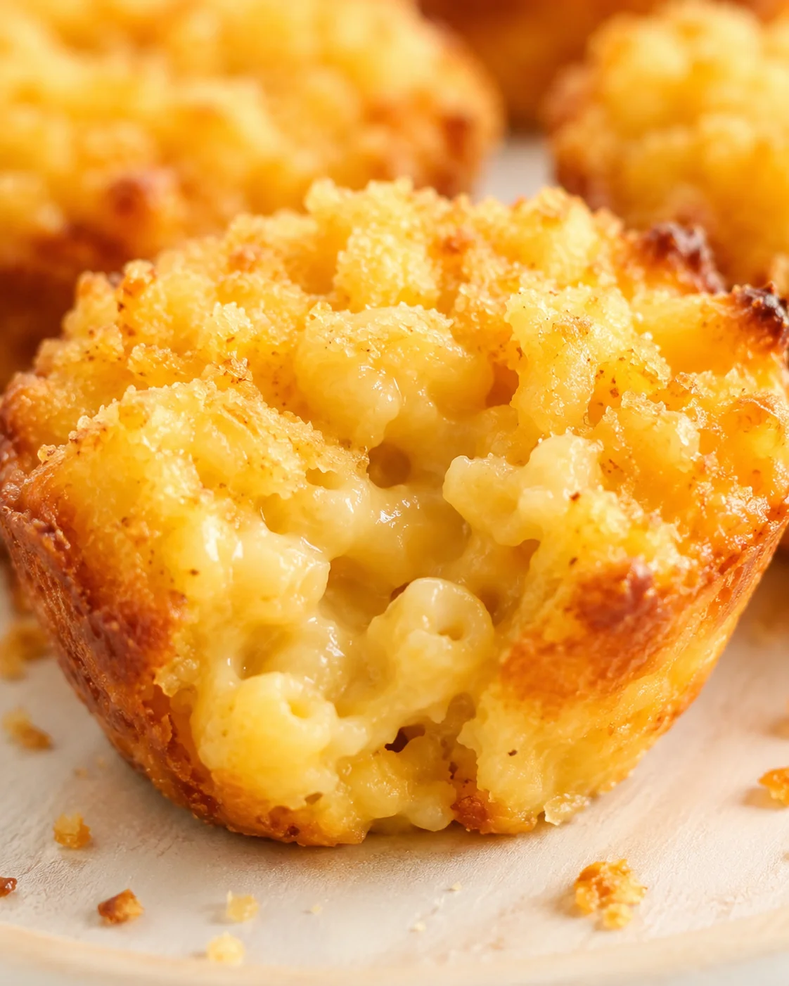 Golden-brown cheese bites with melted cheese inside on a wooden board.