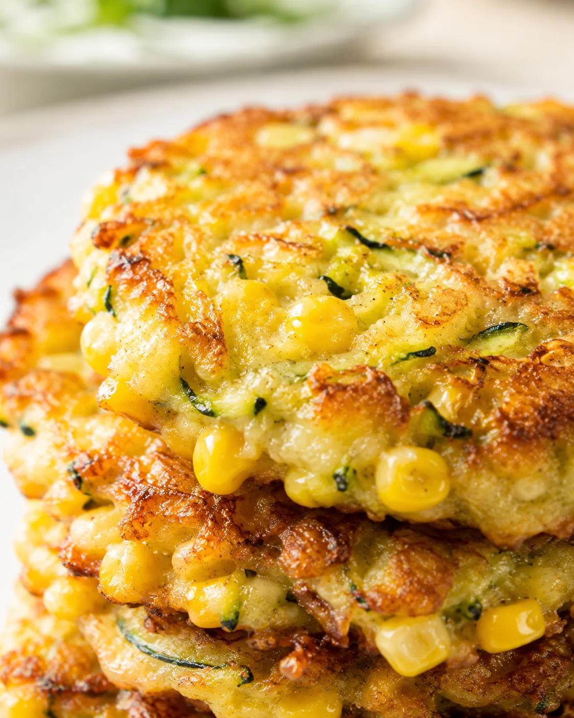 close-up of crispy corn fritters stacked high, with melted cheese and corn kernels