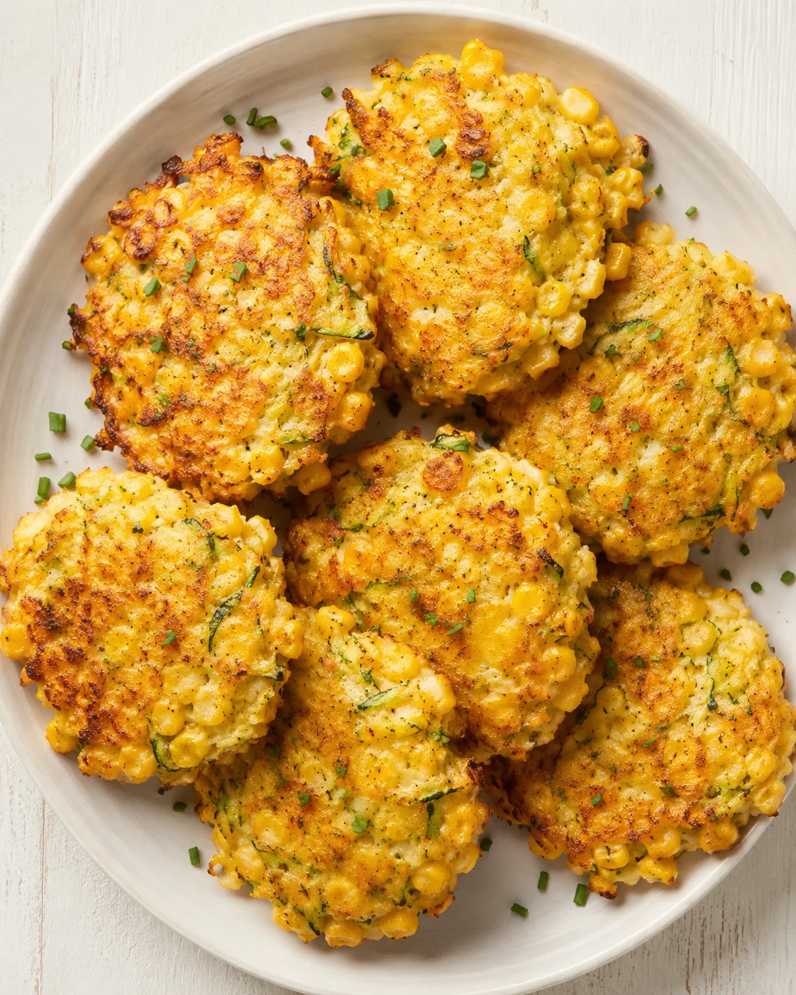 Top-down view of crispy corn fritters with chives, piled on a white plate.
