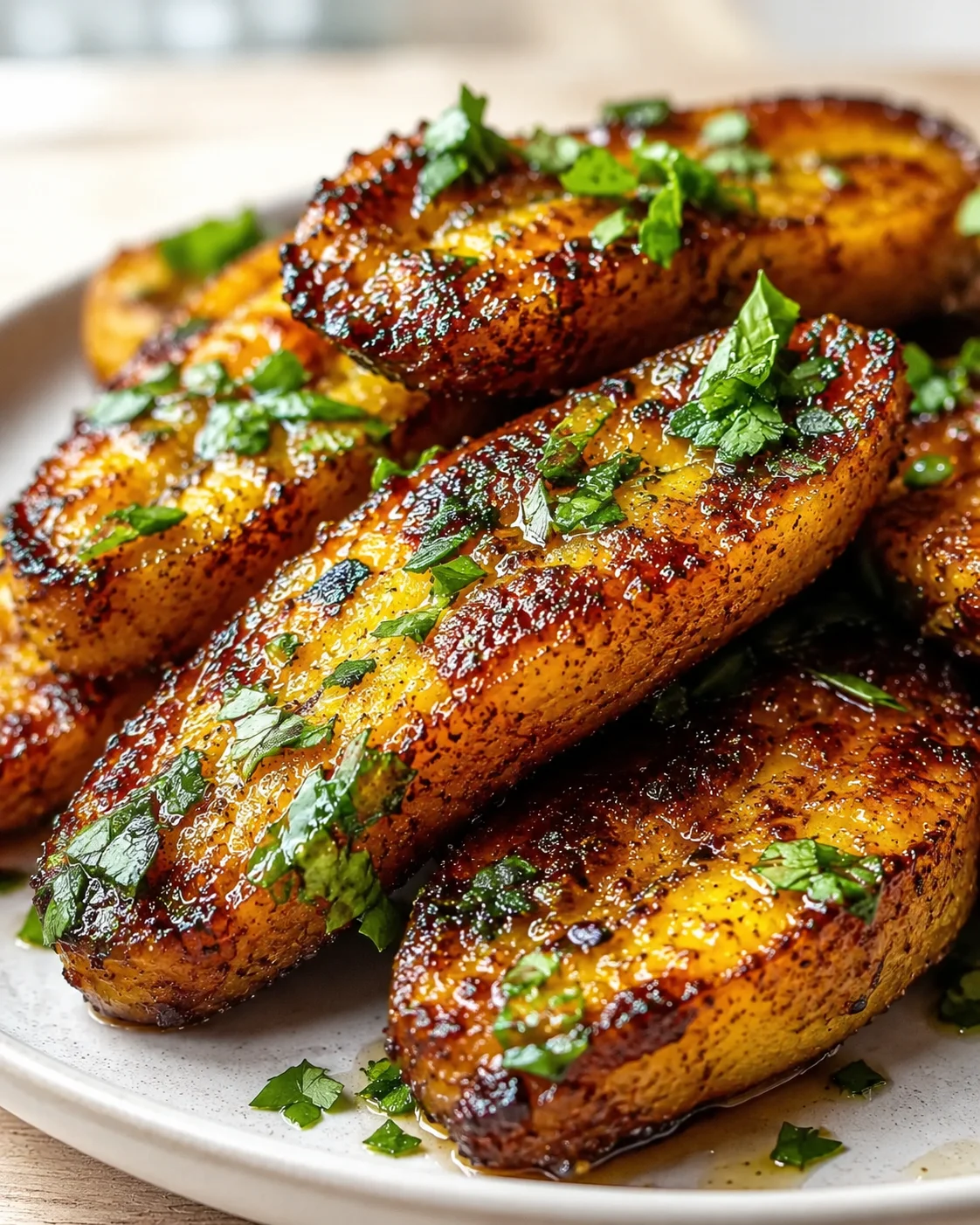 Golden-brown, glossy glazed potato wedges garnished with chopped parsley on a white plate.