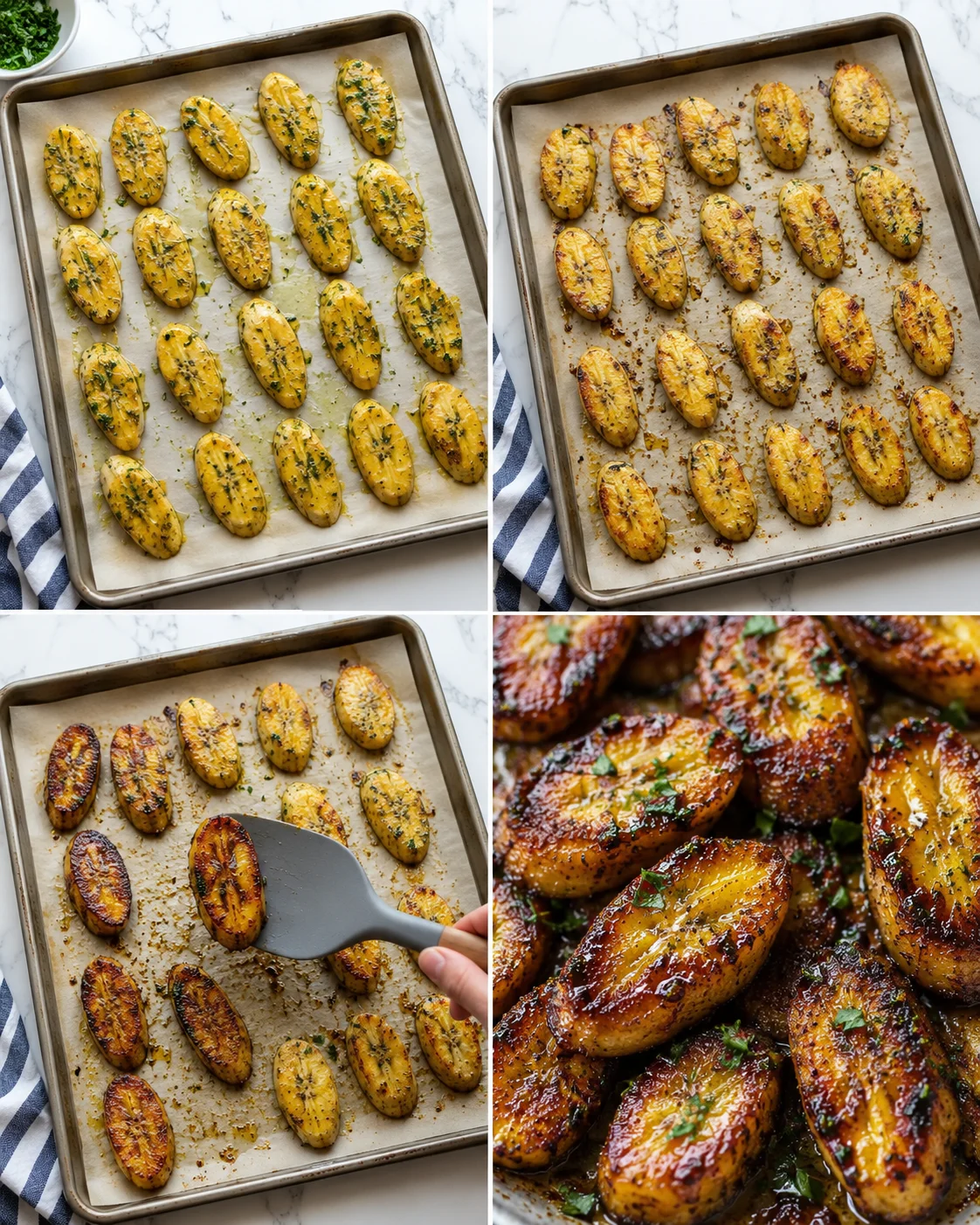 collage of sheet-pan roasted potatoes, golden and crisp, on parchment with herbs