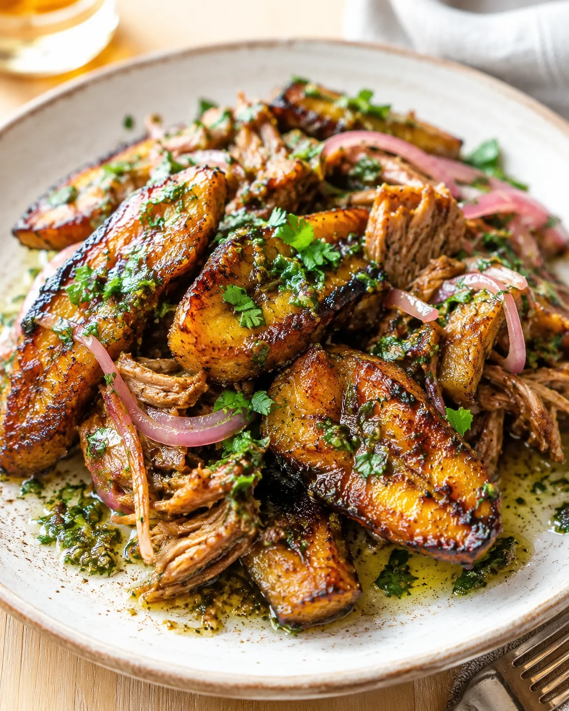 Golden-brown potato wedges with shredded pork and herb sauce on a rustic plate