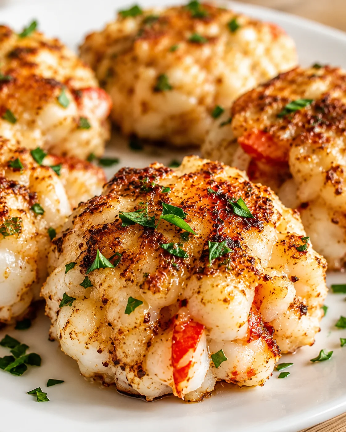 Close-up of crispy, golden-brown shrimp cakes garnished with parsley on a white plate.