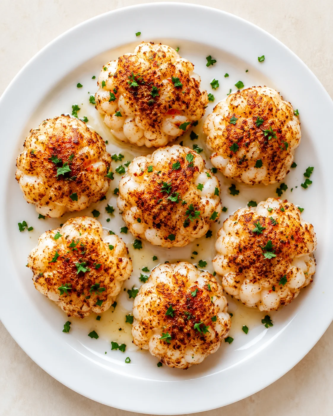 White plate with golden-brown roasted cauliflower bites garnished with parsley