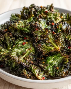 plate of crispy kale chips sprinkled with red pepper flakes and sesame seeds