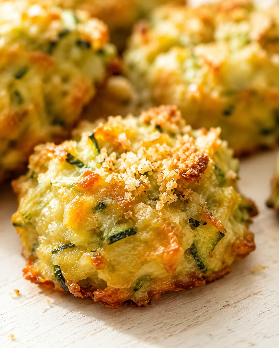 Close-up of crispy zucchini fritters with breadcrumb topping on a wooden surface.
