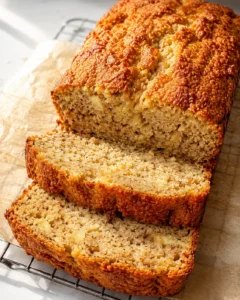 Crusty, golden-brown banana bread loaf with moist crumb, sliced on parchment.