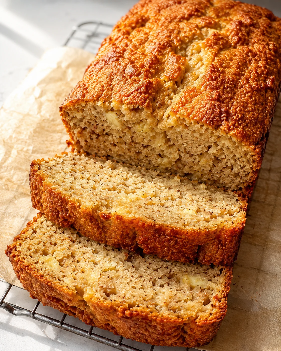 Crusty, golden-brown banana bread loaf with moist crumb, sliced on parchment.