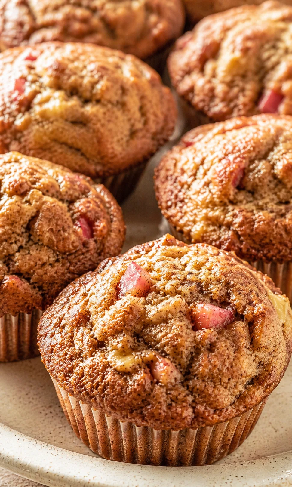 Final plated Whole Wheat Rhubarb Applesauce Muffins served as a hero shot