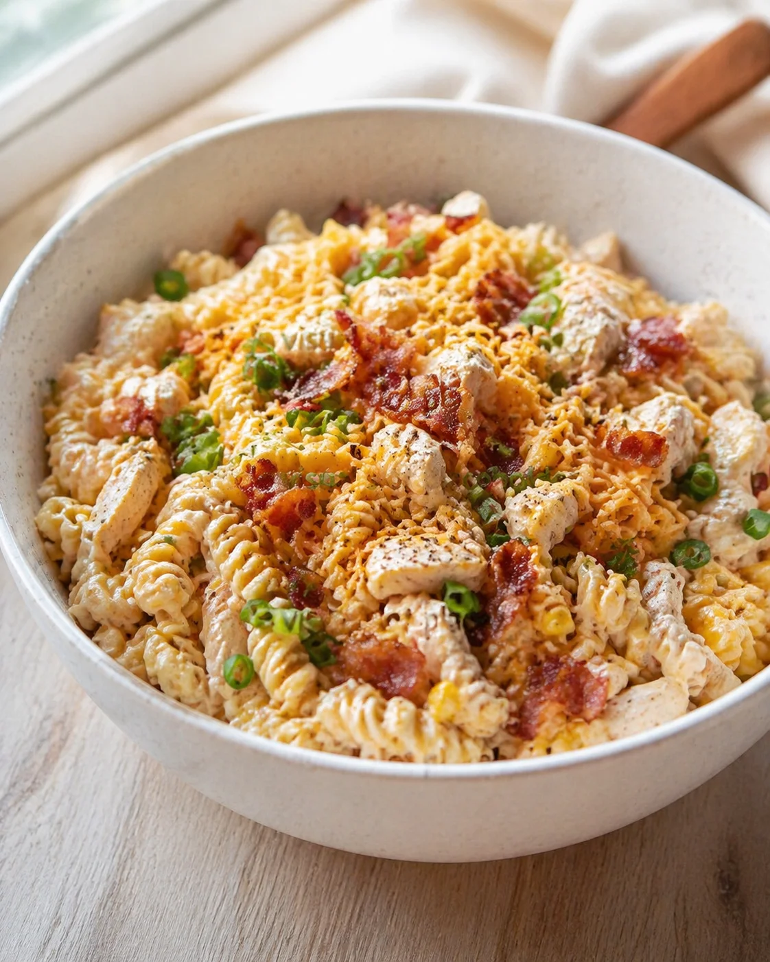 Single plated variation of Addictive Crack Pasta Salad: The Perfect Summer Delight shown in a natural kitchen scene