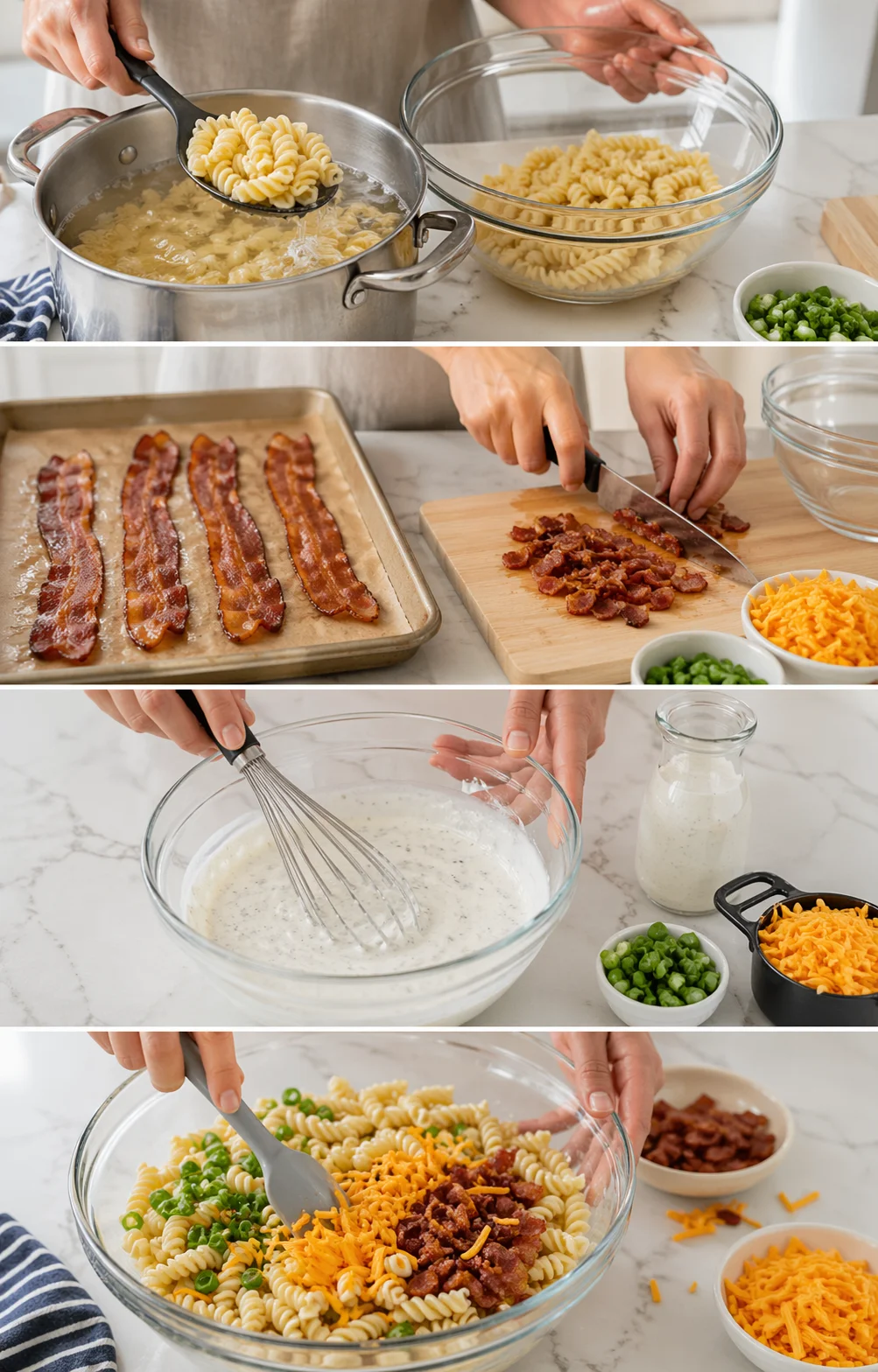 Warm pasta in a large bowl being mixed with grated cheddar, green onions, and chopped bacon