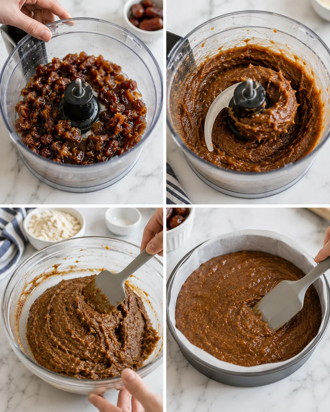 Collage showing dates being processed into batter and batter in a lined cake pan.