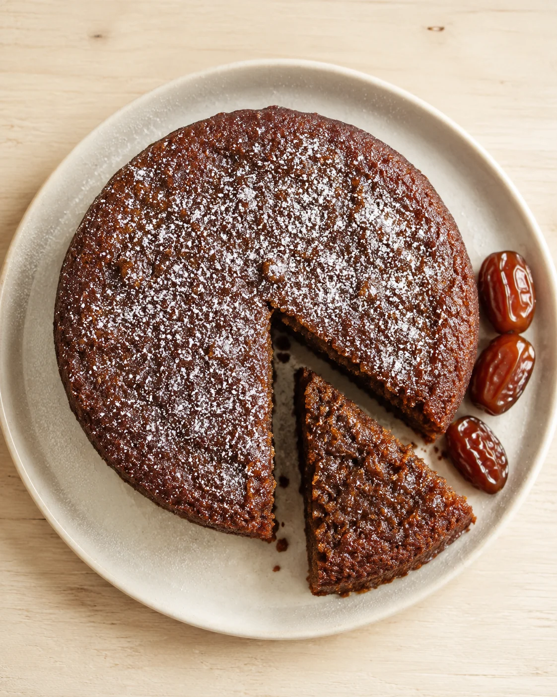 Top-down view of a round date cake on a beige plate, dusted with powdered sugar and three dates beside it.