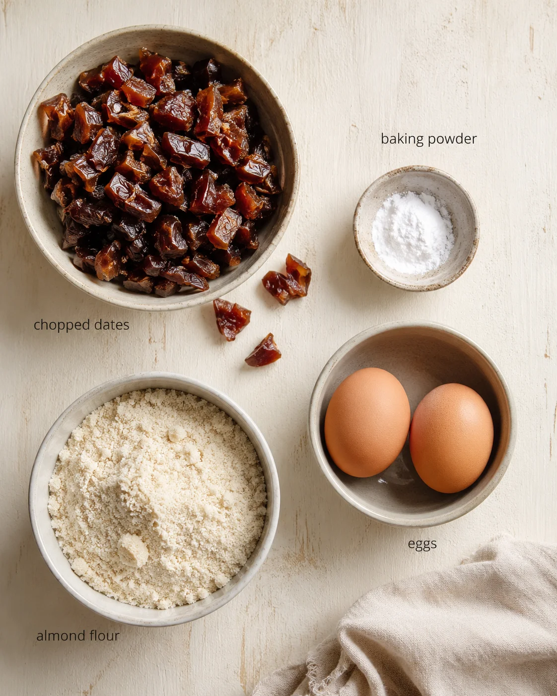 Overhead view of ingredients: chopped dates, almond flour, eggs, and baking powder on a light wooden surface.