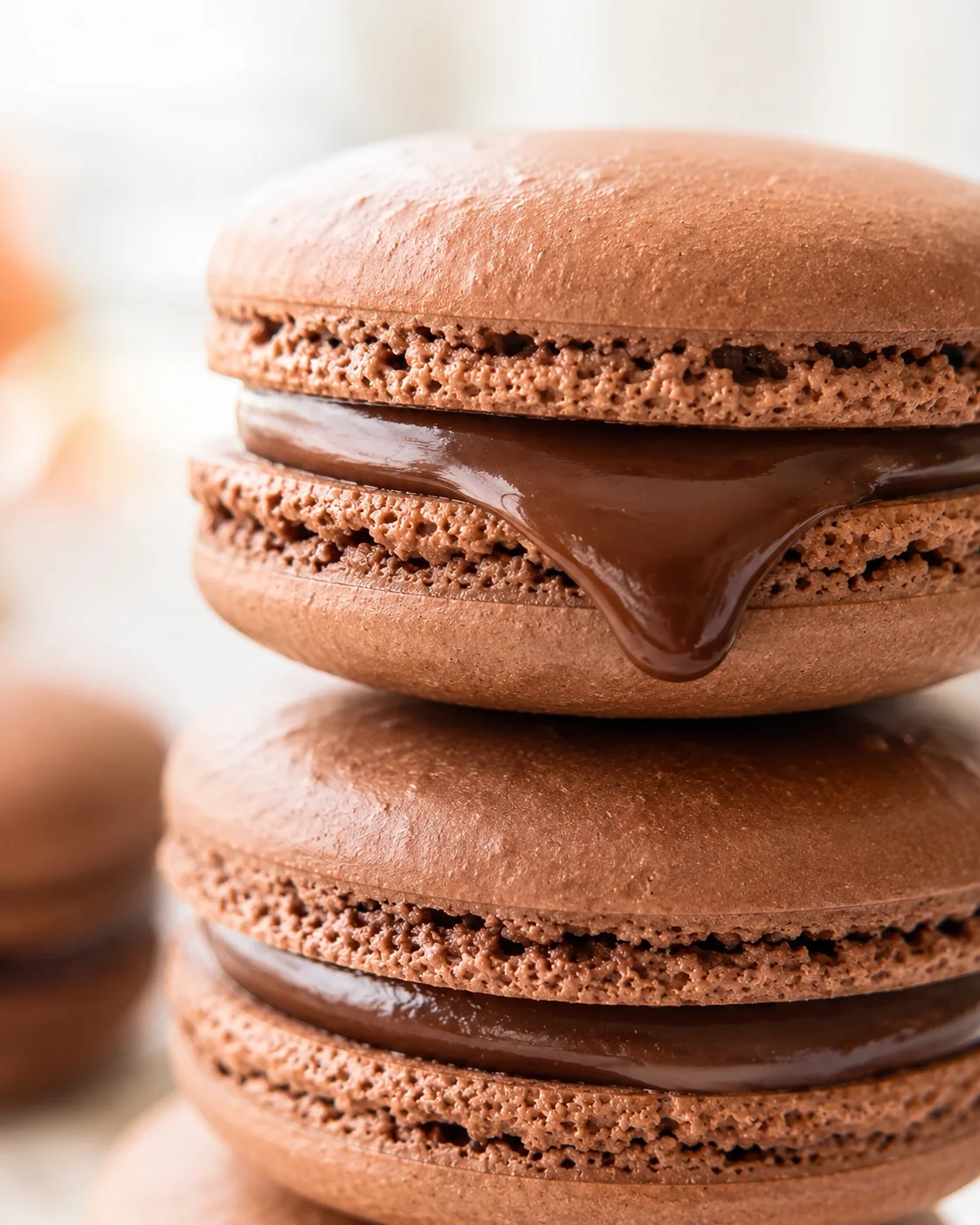 Close-up of a stack of chocolate macarons with glossy ganache filling