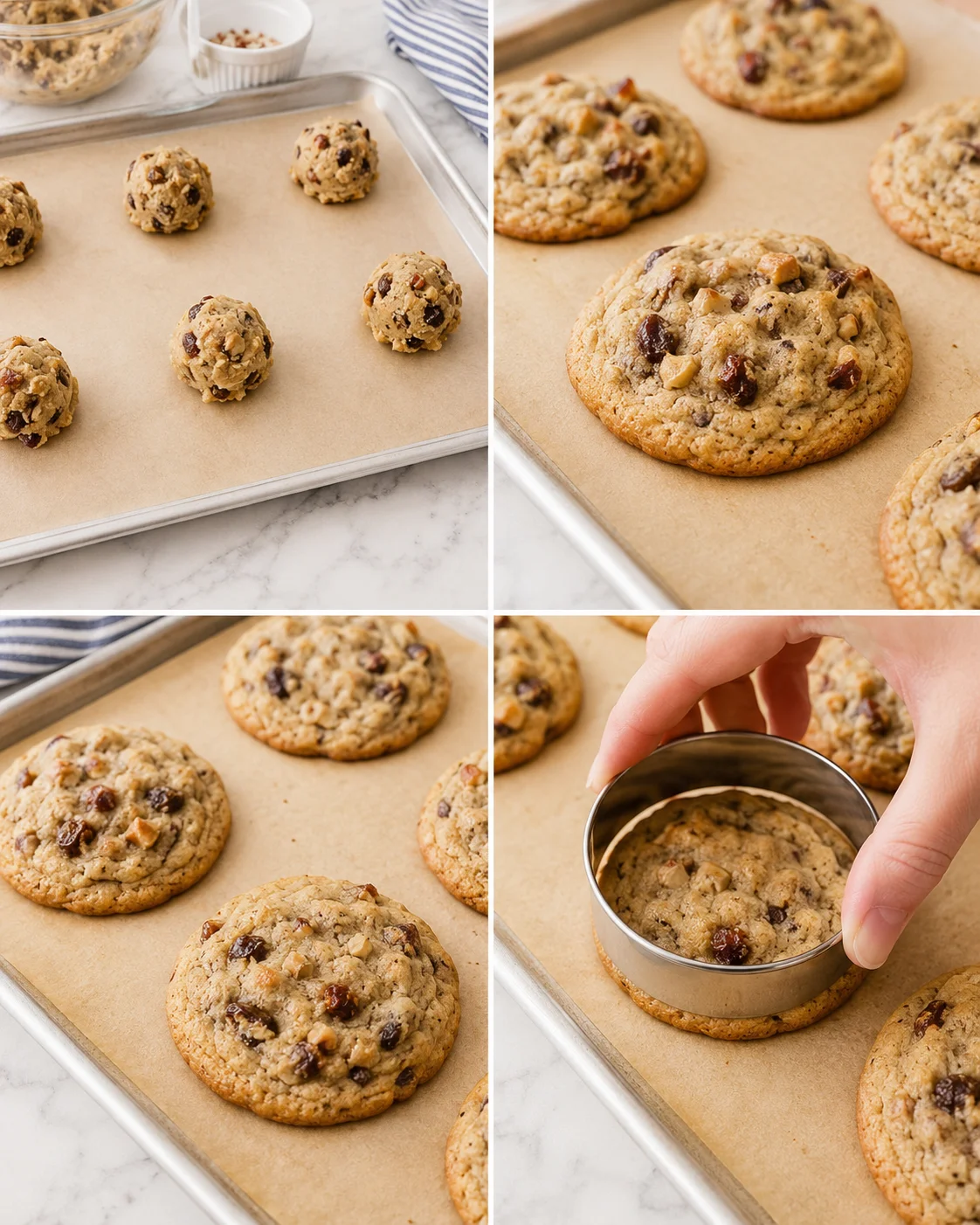collage shows dough balls, raw cookies, baked cookies, and shaping with a cookie cutter