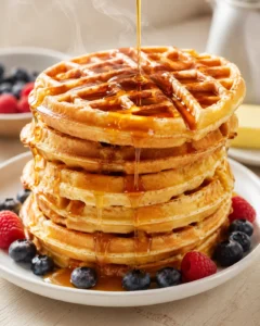 tall stack of golden waffles with maple syrup pouring over the top, berries around the plate