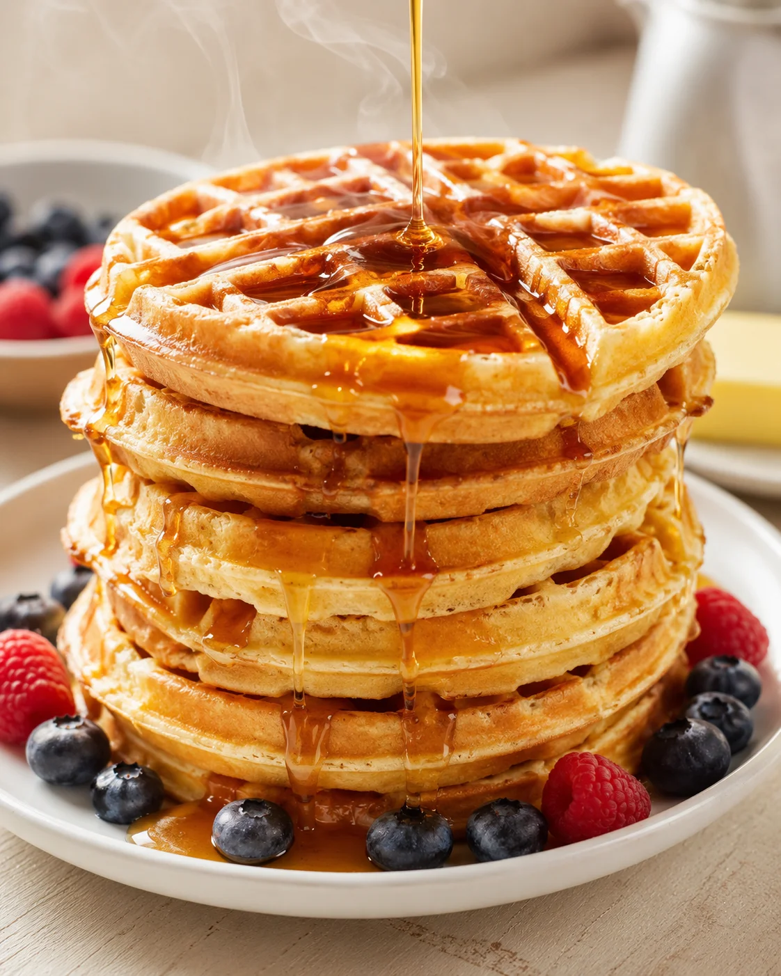 tall stack of golden waffles with maple syrup pouring over the top, berries around the plate