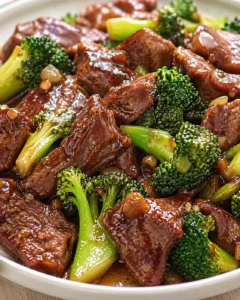 Final plated Beef and Broccoli with Stew Meat served as a hero shot