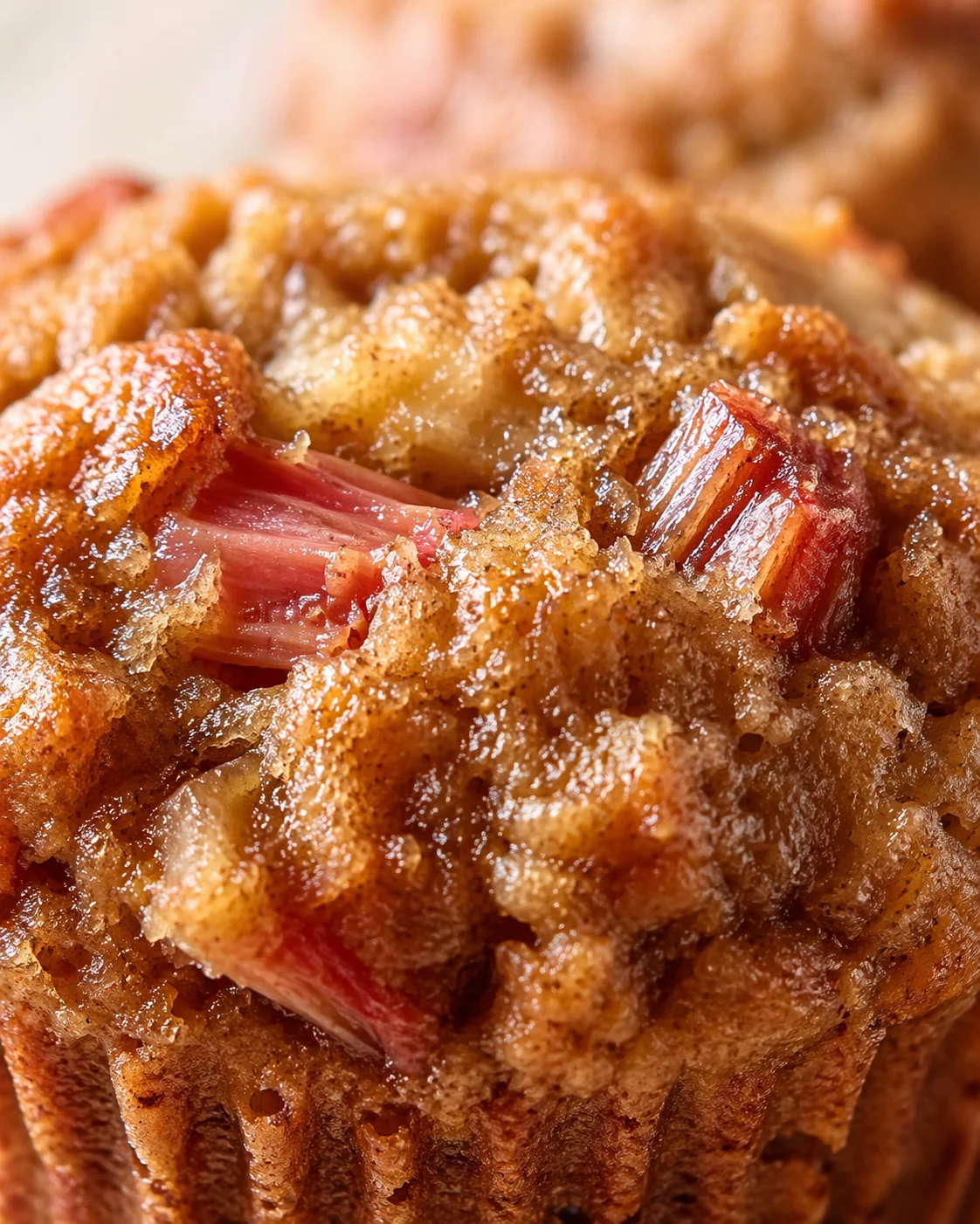 Tight detail shot of Whole Wheat Rhubarb Applesauce Muffins highlighting texture