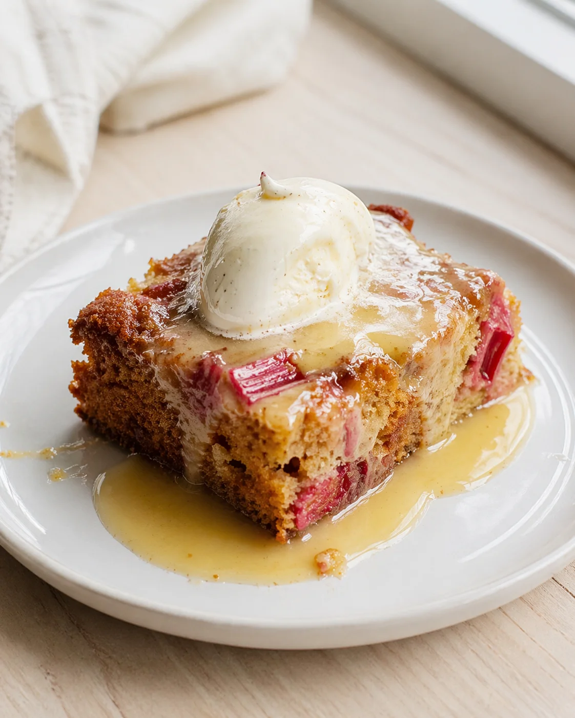 Single plated variation of Warm Rhubarb Cake with Butter Sauce shown in a natural kitchen scene