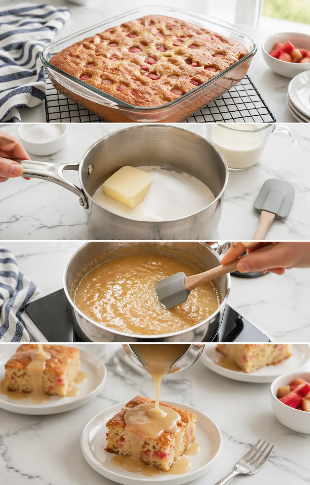 Sliced cake cooling on wire rack while creamy butter-sugar sauce simmers in a small saucepan.