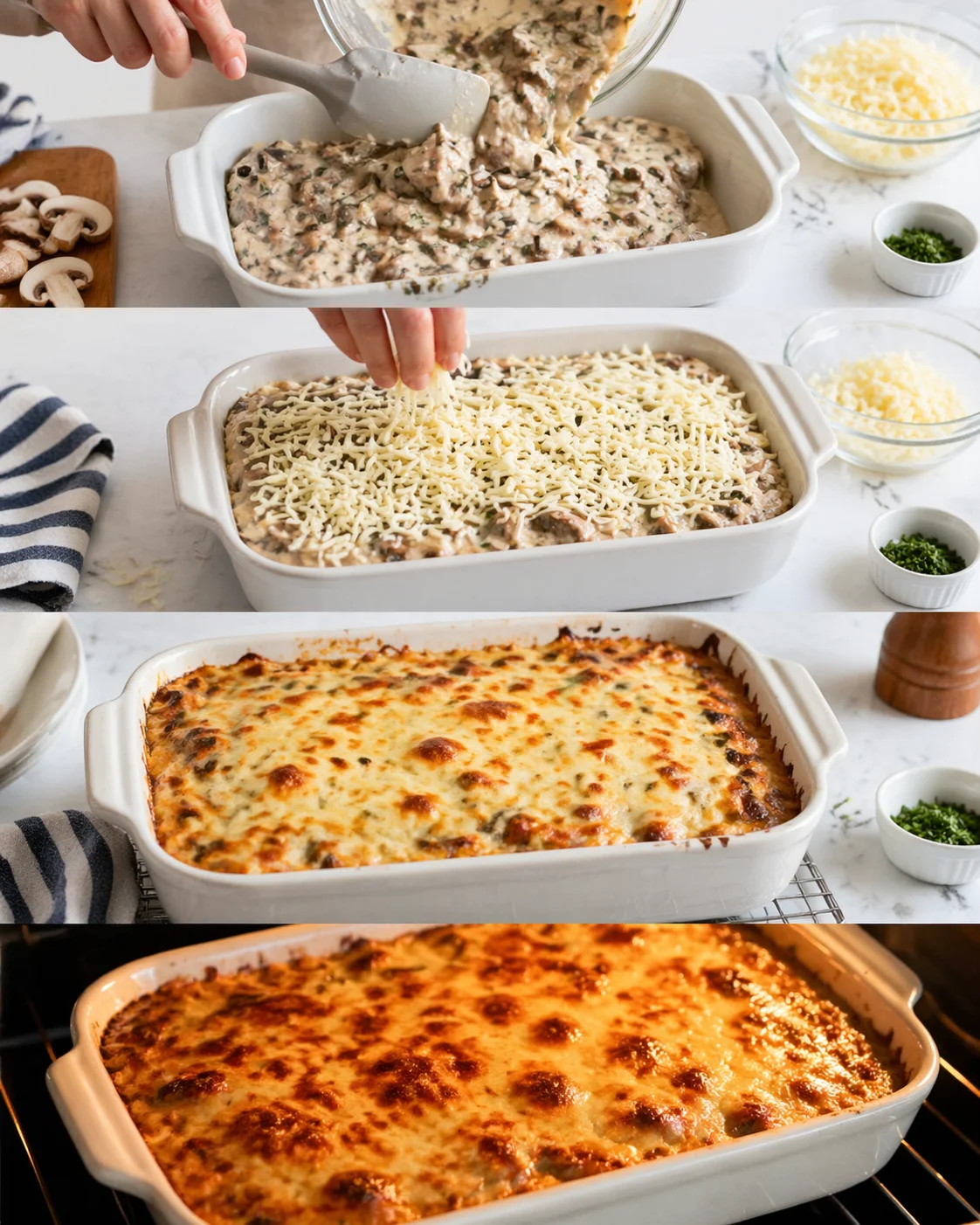 Creamy mushroom mixture spread in baking dish, mozzarella topping melted and bubbling golden.